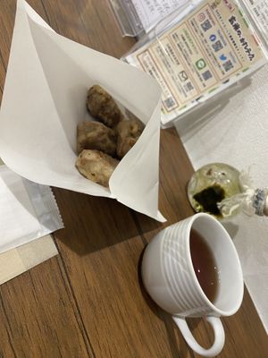 Soy curls  and tea   at Brown Rice Sushi TEC 玄米のおすしテック in Osaka