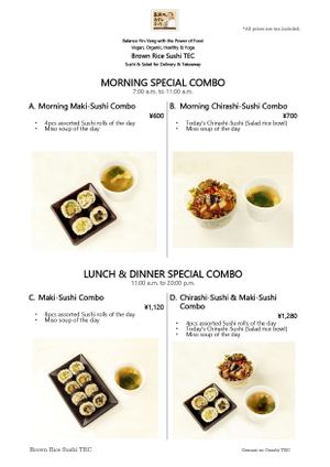 The menu of the morning, lunch, and dinner combo. at Brown Rice Sushi TEC 玄米のおすしテック in Osaka
