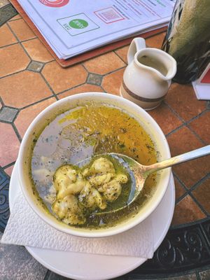 dushbara soup with herbs and little dumplings filled with soy meat at De Rama Cafe Baku, Bar & Restaurant in Baku
