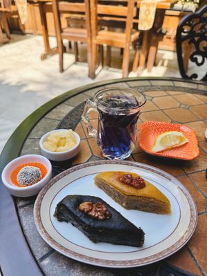 blue tea and baklava at De Rama Cafe Baku, Bar & Restaurant in Baku
