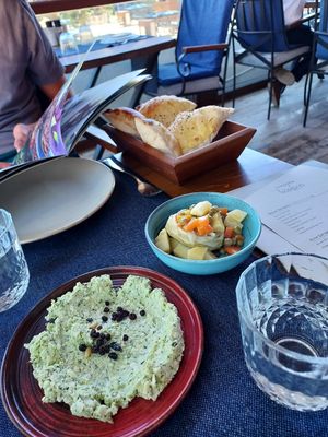 Stuffed artichoke and a dip of two cheeses and pistachios at Köşebaşı  in Goreme