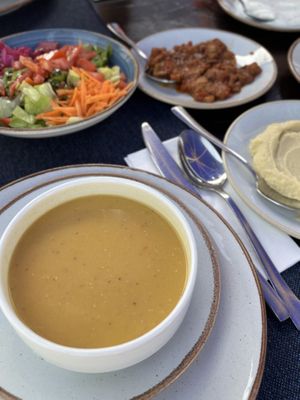 Lentil soup, salad, muhammara and hummuss  at Köşebaşı  in Goreme