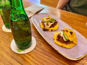 Arepa with beans, avacado, and vegan meat. at Viva Chapata in Madrid