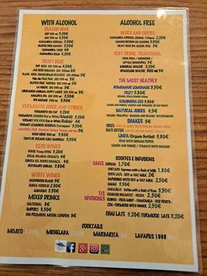 Drinks menu at Viva Chapata in Madrid