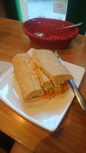 Chapata con tortilla de patatas y salmorejo  at Viva Chapata in Madrid