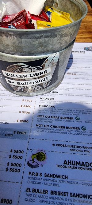 Menu vegan burger options at Buller Brewing Palermo in Buenos Aires