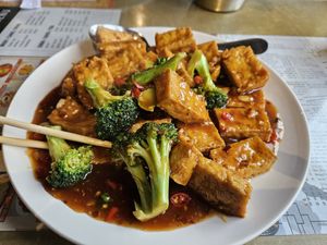 Hot garlic broccoli, requested to add fried tofu. Yum at Tacoma Szechuan in Lakewood