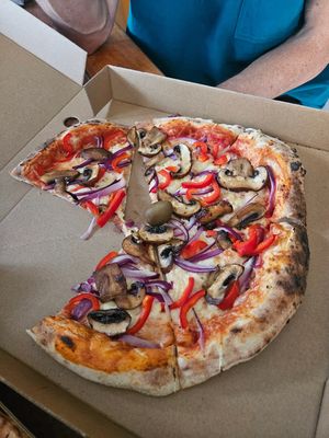 Mushrooms and peppers. Mmm at Pizza Attack in Coyhaique