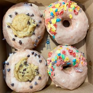 Cookie dough and Cereal flavors of vegan donuts at Hook and Press in Santa Barbara