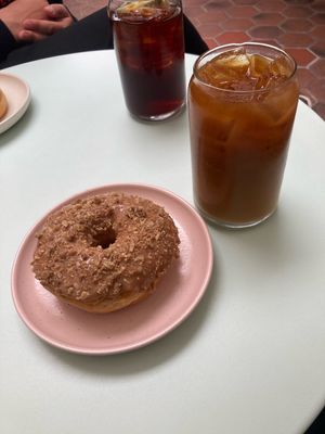 Vegan cinnamon crumble donut and cold brew with oat milk  at Hook and Press in Santa Barbara