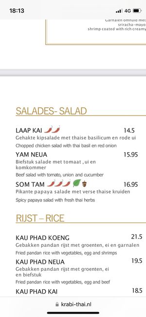 Menu  at Krabi Thai in Amsterdam