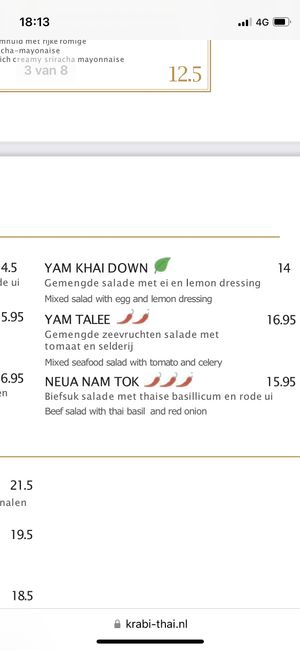 Menu  at Krabi Thai in Amsterdam