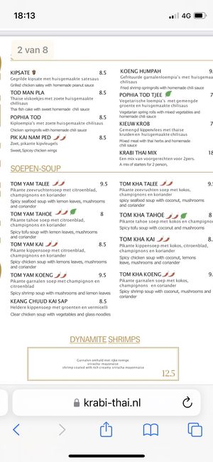 Menu  at Krabi Thai in Amsterdam