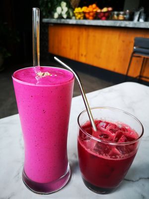 Breakfast - Dragonfruit Smoothie, and Beetroot Juice at H Hotel El Nido in El Nido