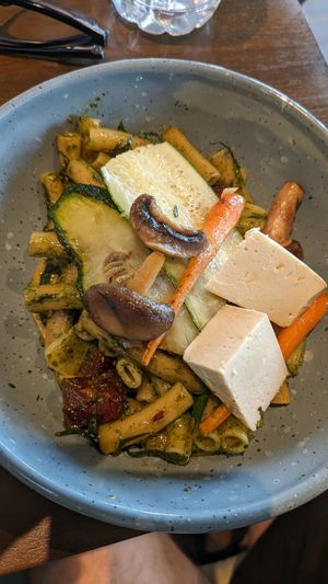 My partner's pasta dish with vegan cheese yummy at Kynd Kulture in Bangkok