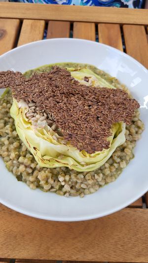 Cabbage marinated with salt lemons and miso, spelt risotto at Tonka in Frankfurt