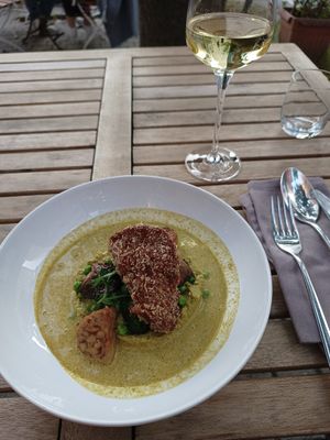 Fried mushroom with tempeh on gazpacho at Tonka in Frankfurt
