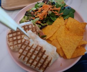 Vegan no-chicken wrap with salad and tortilla chips at Stoet in Hengelo
