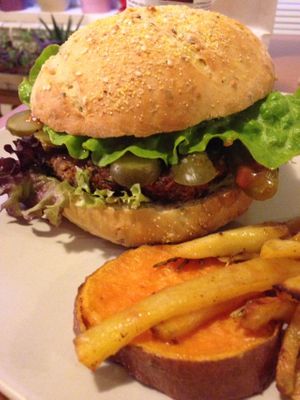 New on the menu: A delicious 100% Vegan Burger with baked sweet potatoes and fresh veggies. For Lunch, Dinner, anytime in Vegan Kitsch'n. at Vegan Kitsch in Sofia