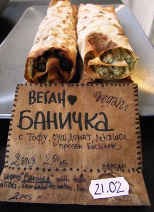 Banichka with tofu,dry tomatoes,olives and basil   at Vegan Kitsch in Sofia