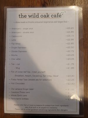 Drinks Menu at The Wild Oak Cafe in Llanidloes
