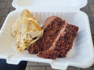 Pear, Pistachio & Rose Cake and Chocolate Cake at The Wild Oak Cafe in Llanidloes