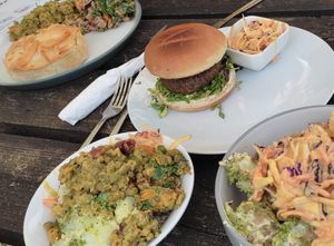 The burger was a bit dry but the pie and the salad bowl options were very good at The Wild Oak Cafe in Llanidloes