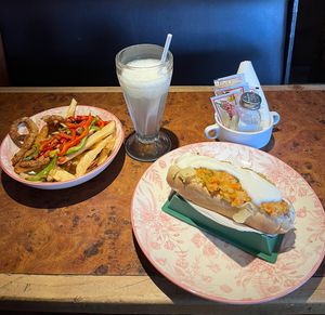 Completo, lemonade and friess  at Catapilcana Vegana in Santiago