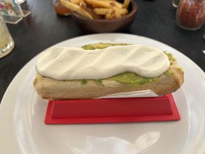 The Completo Veneto, with tomatoes, guac, and mayo  at Catapilcana Vegana in Santiago