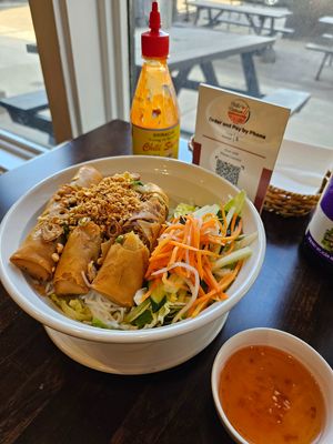 Veggies spring rolls with Vermicelli with lettuce, cucumbers, daikon and carrots at Hello Vietnam in Philadelphia