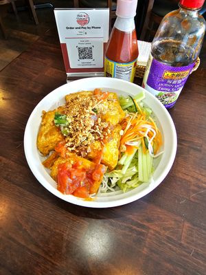 Tofu Vermicelli with tomatoes sauteed. Julian cucumbers, lettuces, daikon and carrot at Hello Vietnam in Philadelphia