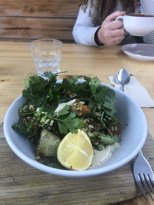 Specials board - delicious warm sweet potato and yam salad, with rocket brasil nut pesto, greens, brown rice, tahini aioli, Smokey sweet pepitas and herbs - $17.50 - it was 👌 at Pollen Tea Room in Battery Point