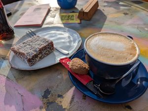 Daadeltarte + Cappuccino with oatmilk at Taboe Bar & Keuken in Zwolle