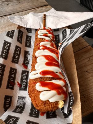 50/50 vegan corn dog with sriracha and vegan mayo  at The Deli in Brighton