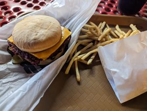 Vegan/gluten free burger and fries at QueenBurger in Durham