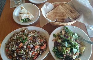 Jasmines Favorite on the left... on the right Fattoush with Lebanese Salata (no oil/dressing) and lots of pita to make salad wraps. at Aladdin's Eatery in Boardman