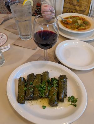 Grape leaves and vegetable soup at Aladdin's Eatery in Boardman