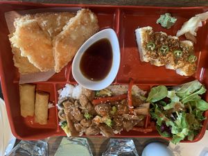 Chicken bento box  at Vegan Shoku in Vancouver