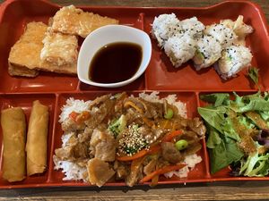 Chicken lunch bento box  at Vegan Shoku in Vancouver