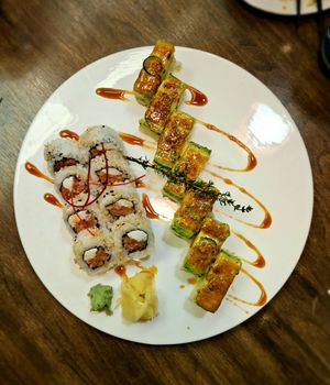 (L) spam cream cheese (R) vegan salmon avocado oshi at Vegan Shoku in Vancouver