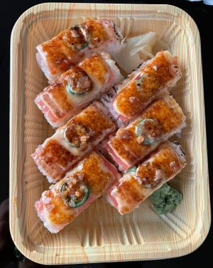 salmon avocado oshi   at Vegan Shoku in Vancouver