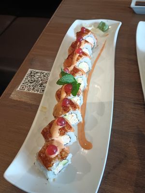 Salmon on fire roll at Vegan Shoku in Vancouver