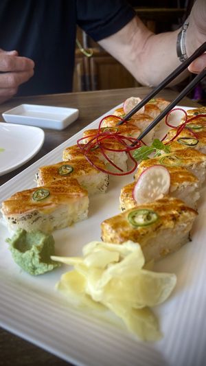 Salmon Avocado and Crab Oshisushi   at Vegan Shoku in Vancouver