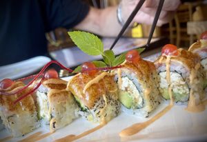 Salmon on fire Oshisushi  at Vegan Shoku in Vancouver