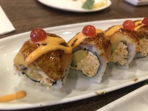 Salmon on fire roll  at Vegan Shoku in Vancouver