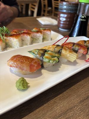 Assorted sushi platter and tuna/avocado pressed sushi #Veganuary at Vegan Shoku in Vancouver