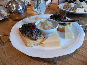 Afternoon tea: focaccia with mushrooms, parmesan style vegan cheese and apple-fennel jam at Ateneum Bistro in Helsinki