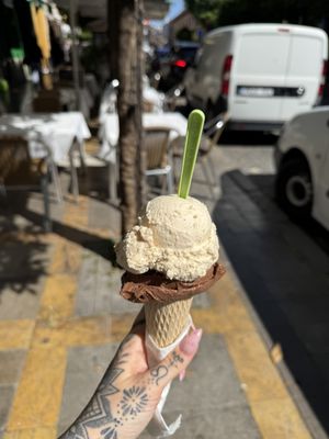 Chocolate sorbet and peanut ice cream   at El Monasterio Heladería Artesana in Sevilla