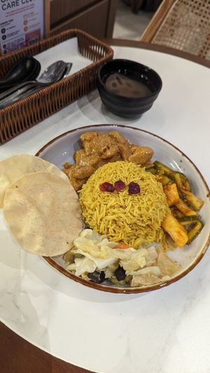 Rendang lion mane mushroom tumeric basmati rice comes with soup 😋 $13 at SIN - Greendot Plus - Jewel in East Singapore