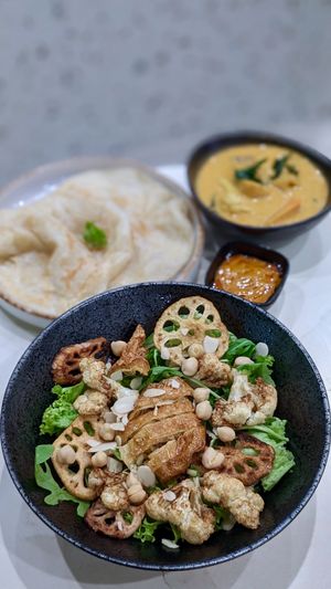 Vegan Crispy Beancurd Skin Salad w Curry Mayo, Vegan Prata at SIN - Greendot Plus - Jewel in East Singapore
